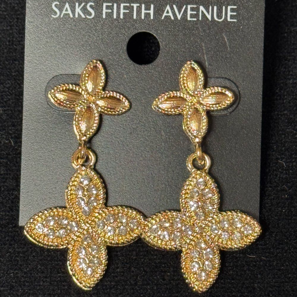 Saks Fifth Avenue Elegant Gold and Crystal Clover Floral Earrings 2 inch